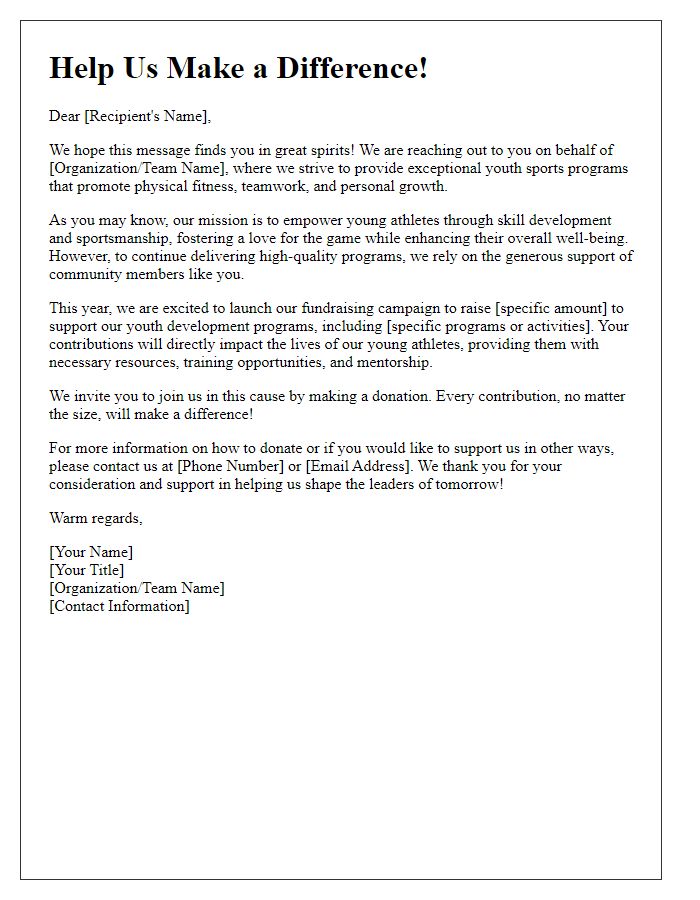 Letter template of youth sports fundraising for youth development programs