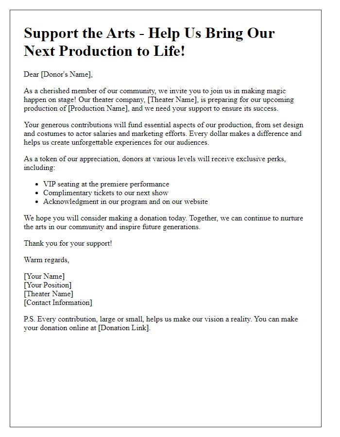 Letter template of a theater production fundraising appeal to individual donors