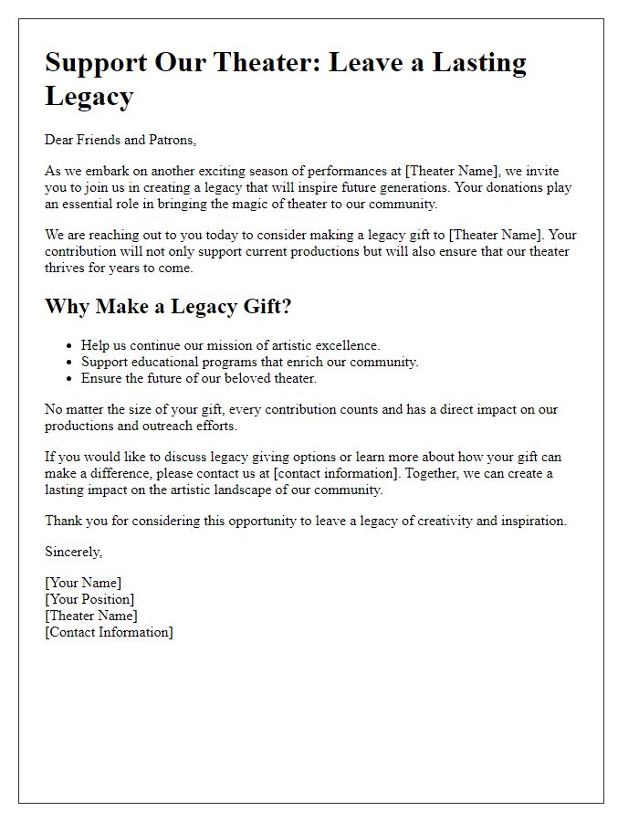 Letter template of a theater production fundraising notice for legacy giving