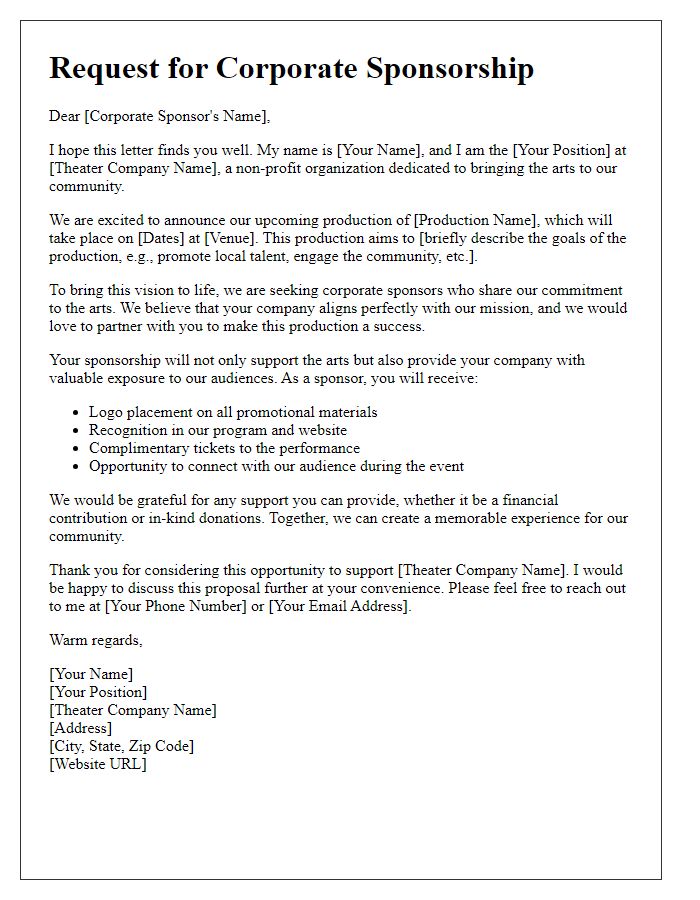 Letter template of a theater production fundraising request for corporate sponsorship