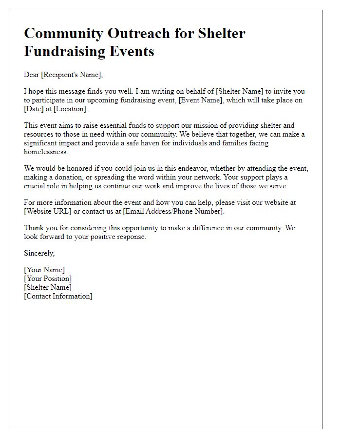 Letter template of community outreach for shelter fundraising events