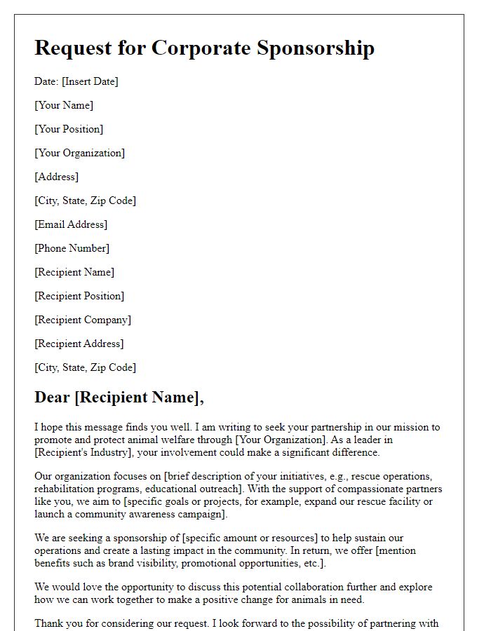 Letter template of corporate sponsorship request for animal welfare