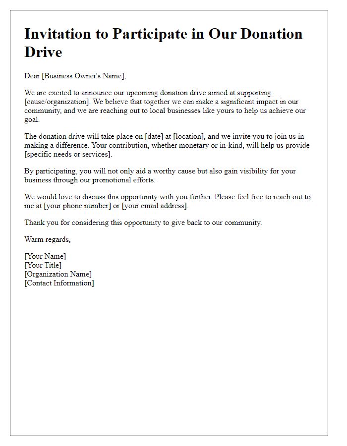 Letter template of donation drive invitation for local businesses