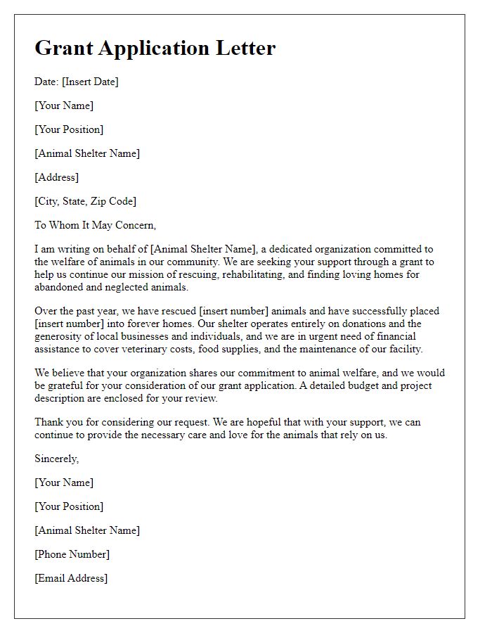 Letter template of grant application for animal shelter support