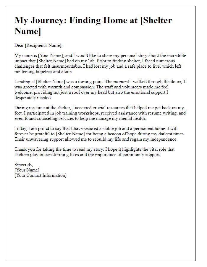 Letter template of personal story highlighting shelter impact