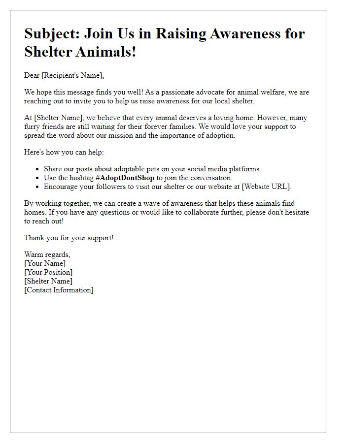 Letter template of social media engagement for shelter awareness