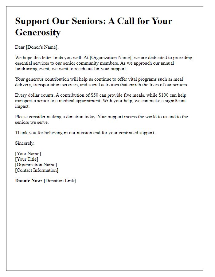 Letter template of donation appeal for senior services fundraising.