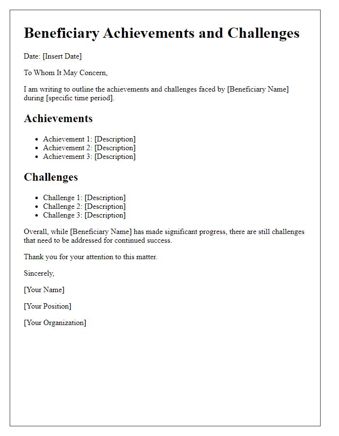 Letter template of beneficiary achievements and challenges