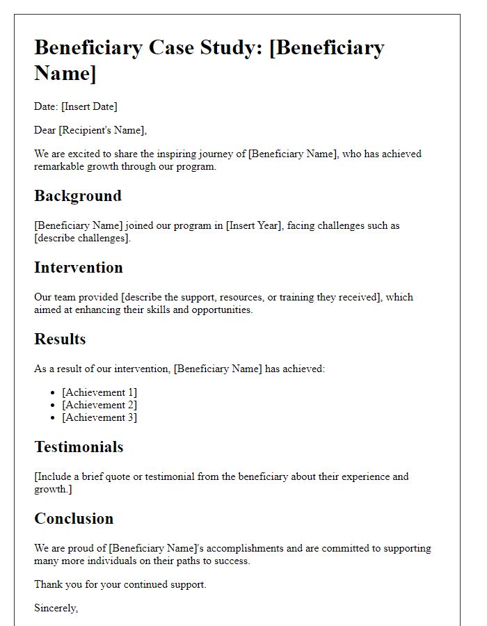 Letter template of beneficiary case studies showcasing growth