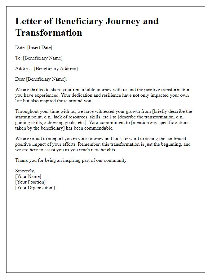 Letter template of beneficiary journey and transformation