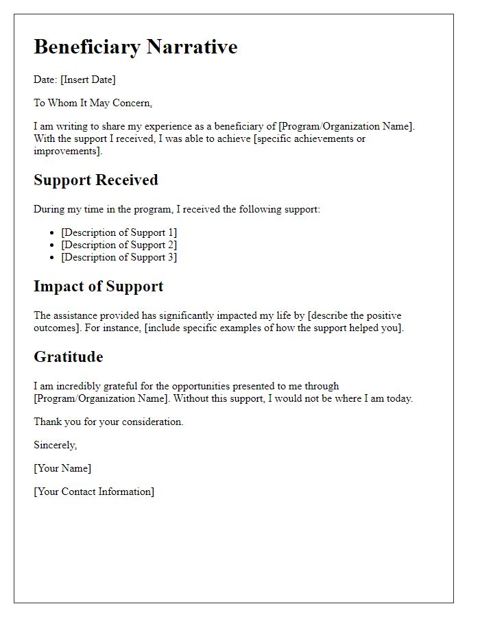 Letter template of beneficiary narratives highlighting support received