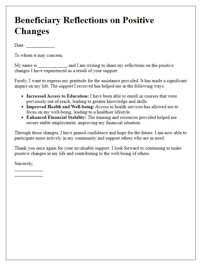 Letter template of beneficiary reflections on positive changes