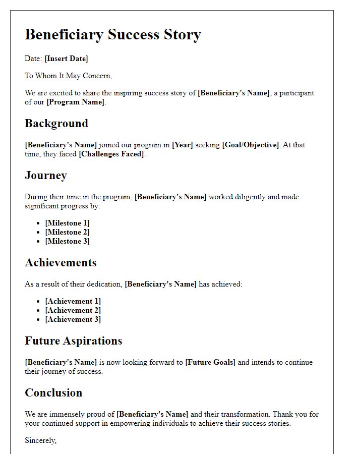 Letter template of beneficiary success stories