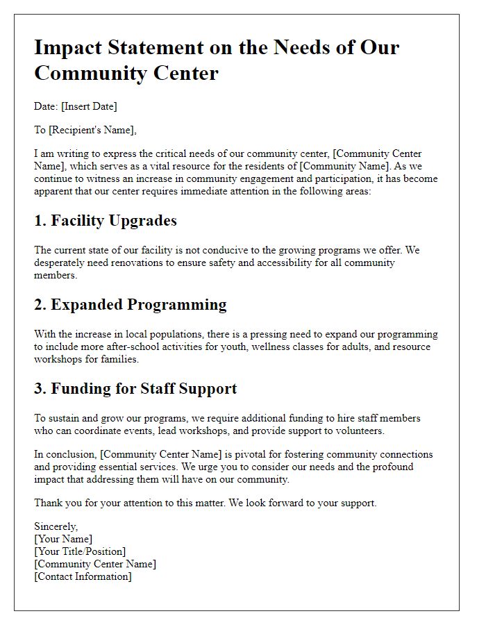 Letter template of impact statement highlighting community center needs