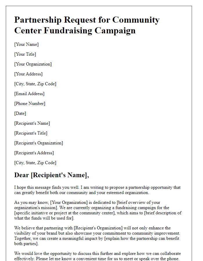 Letter template of partnership request for community center fundraising campaigns