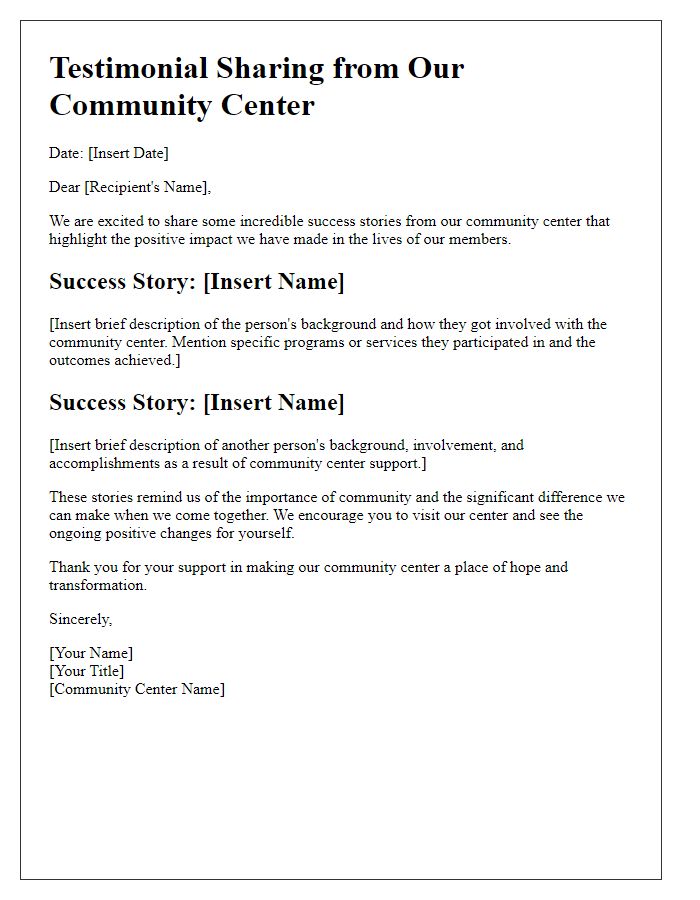 Letter template of testimonial sharing community center success stories