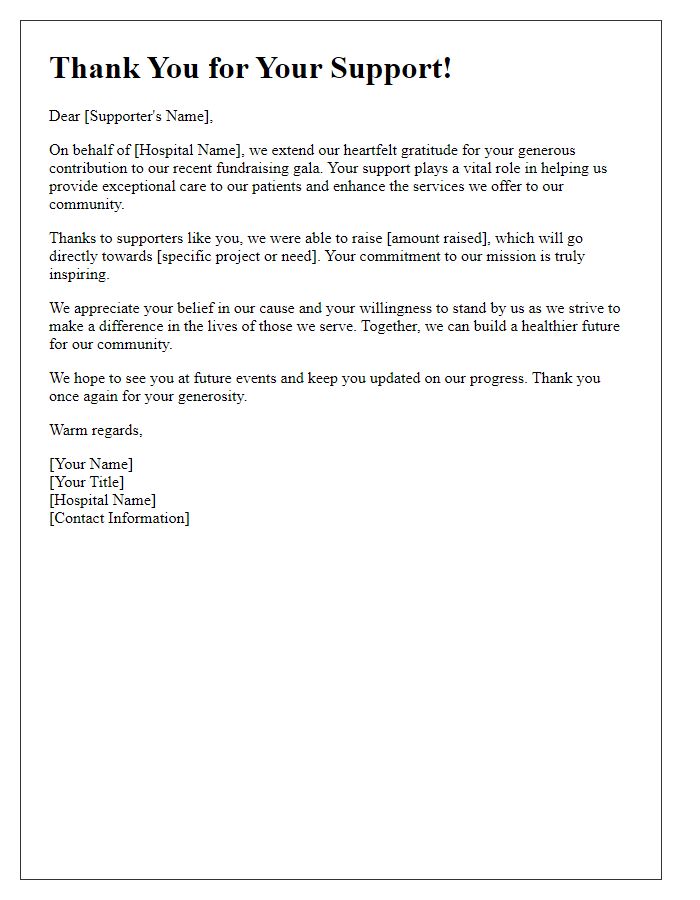 Letter template of donation appreciation for hospital fundraising gala supporters