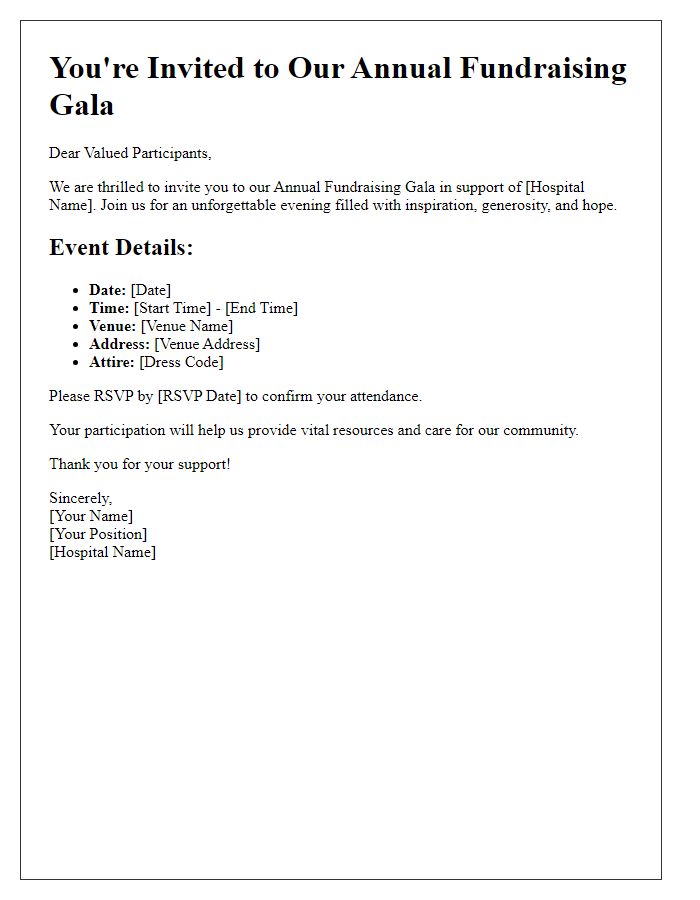 Letter template of gala event details for hospital fundraising gala participants