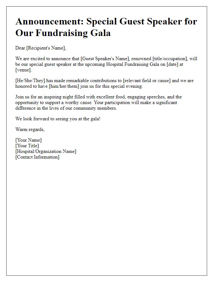 Letter template of guest speaker announcement for hospital fundraising gala