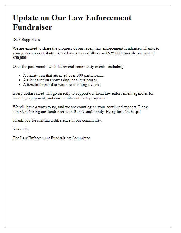 Letter template of update on law enforcement fundraiser progress