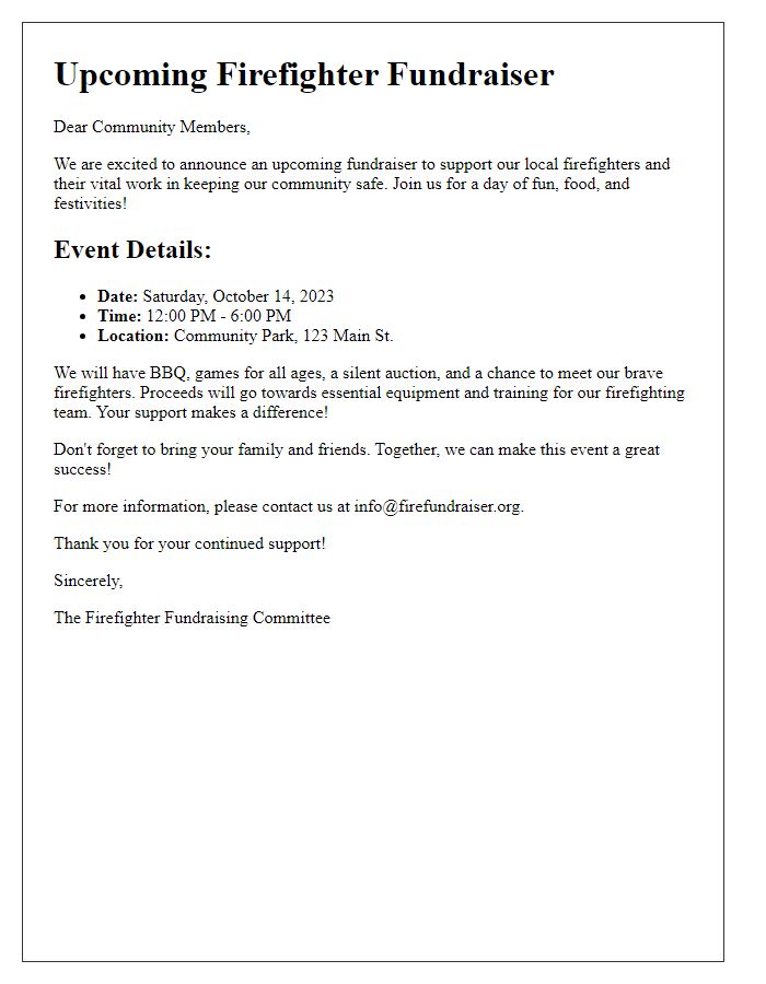 Letter template of announcement for upcoming firefighter fundraiser.