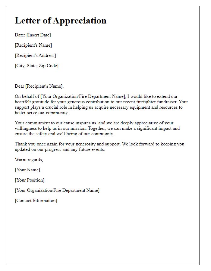 Letter template of appreciation for firefighter fundraiser contributions.