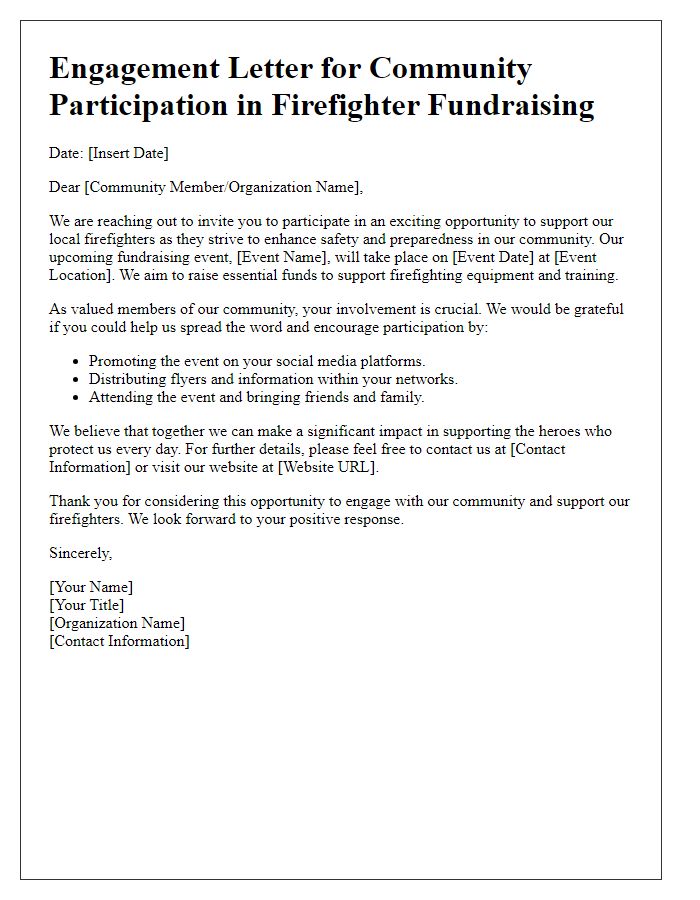 Letter template of engagement for community participation in firefighter fundraising.