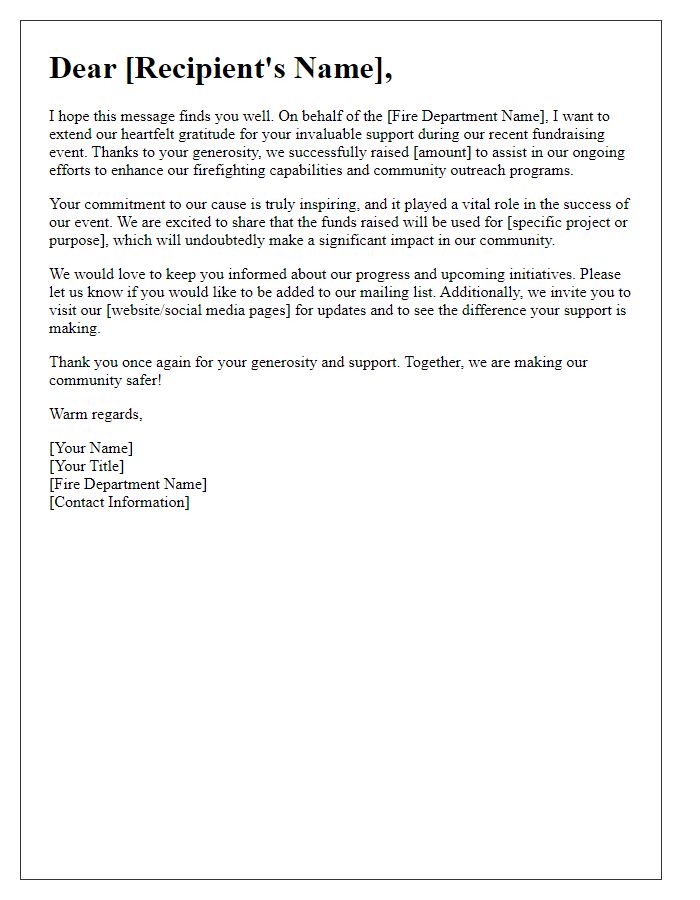 Letter template of follow-up after firefighter department fundraising success.