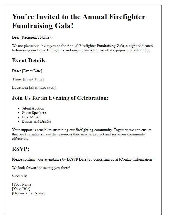 Letter template of invitation to firefighter fundraising gala.