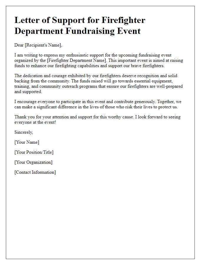 Letter template of support for firefighter department fundraising event.