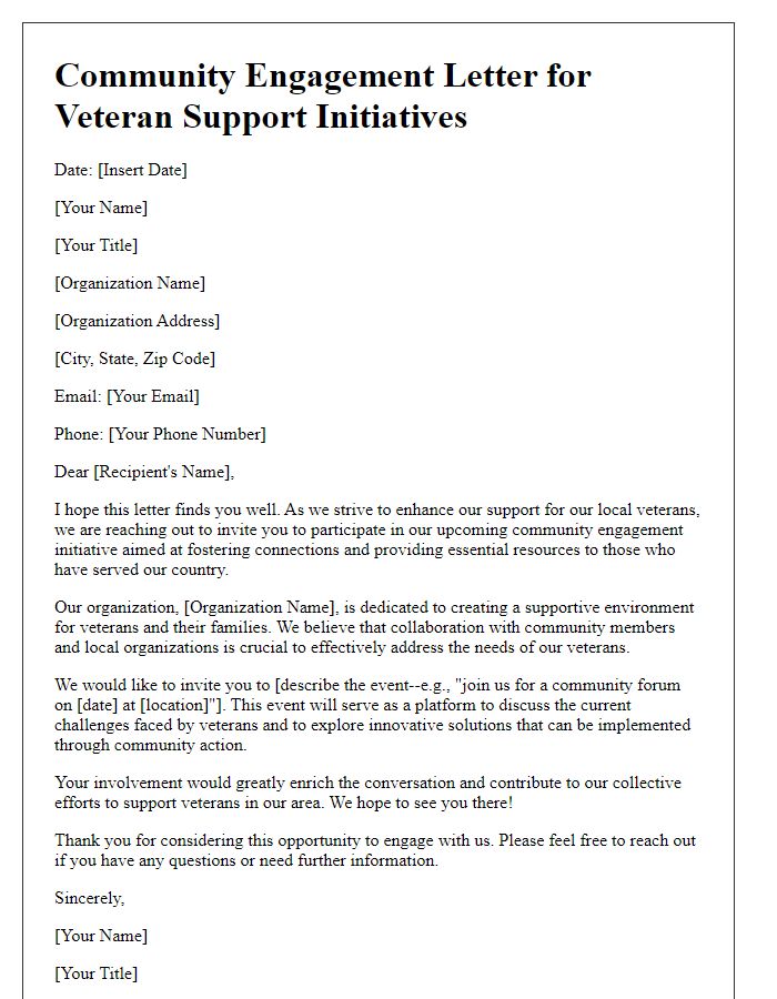 Letter template of community engagement for veteran support initiatives