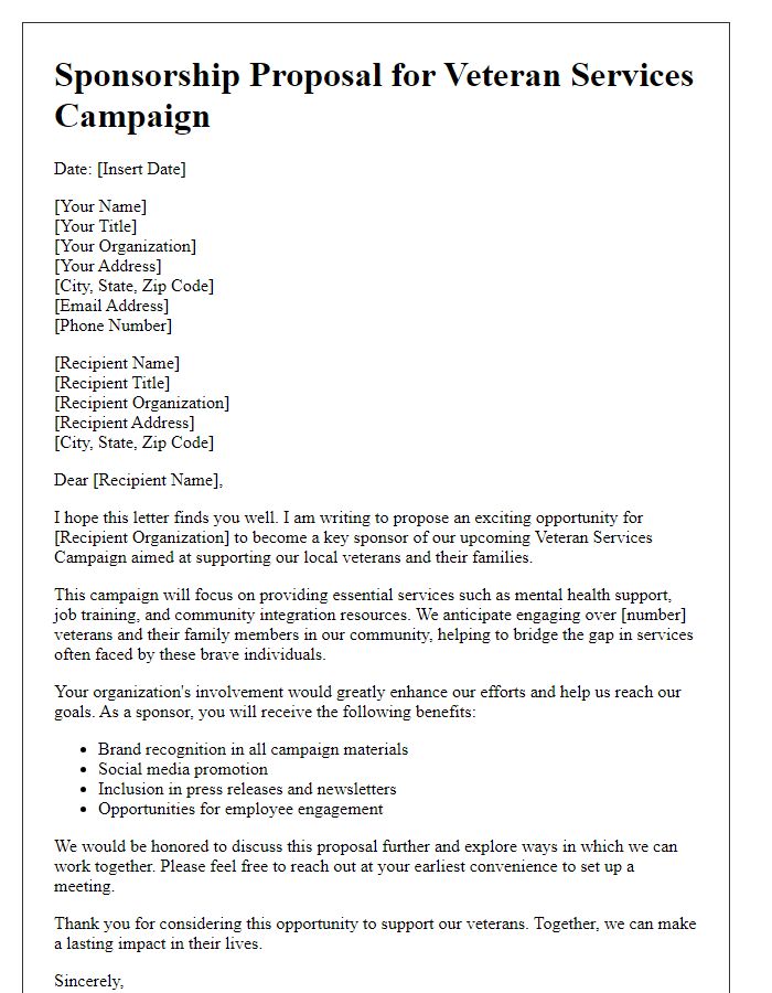 Letter template of sponsorship proposal for veteran services campaign