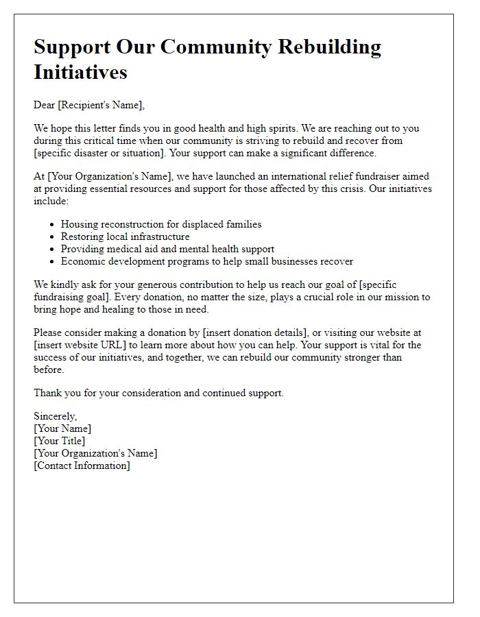 Letter template of international relief fundraiser for community rebuilding initiatives.