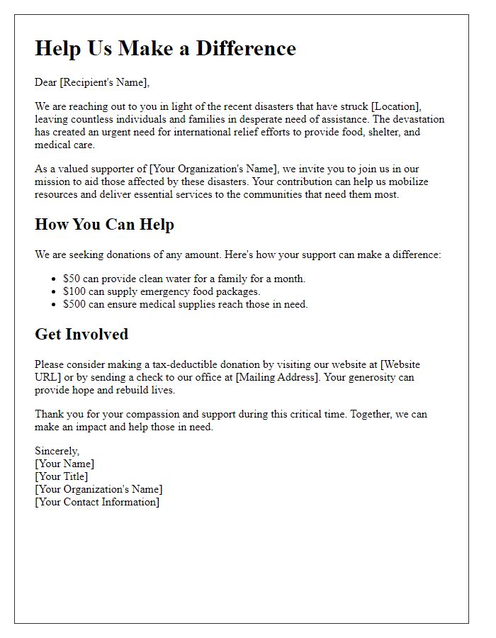 Letter template of international relief fundraiser for disaster response efforts.