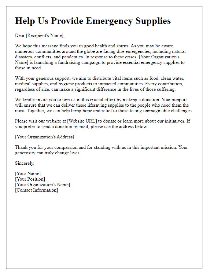 Letter template of international relief fundraiser for emergency supply distribution.