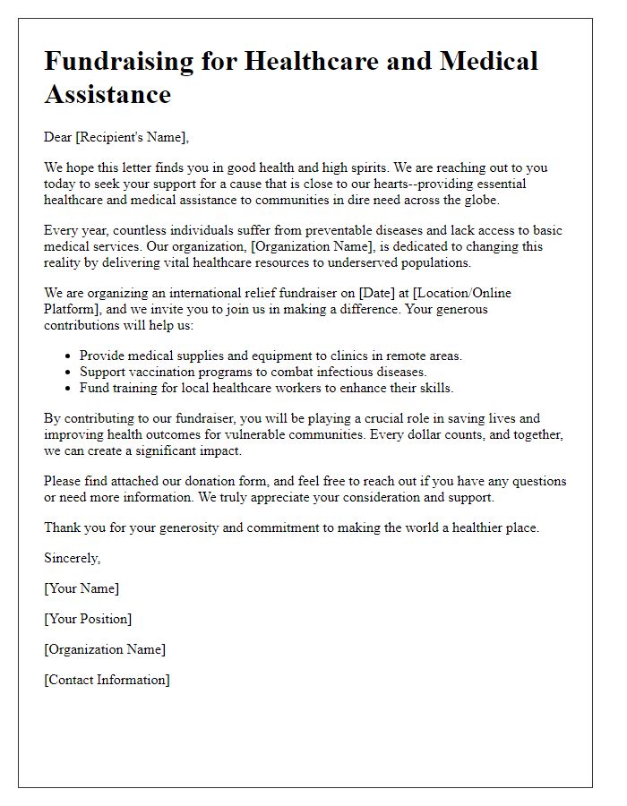 Letter template of international relief fundraiser for healthcare and medical assistance.