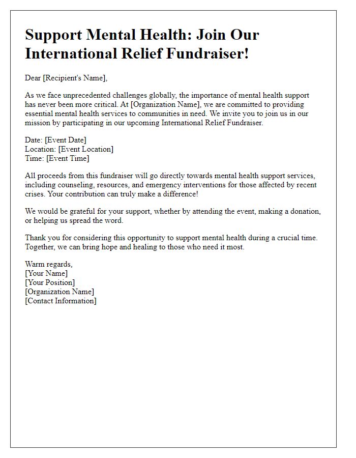 Letter template of international relief fundraiser for mental health support services.