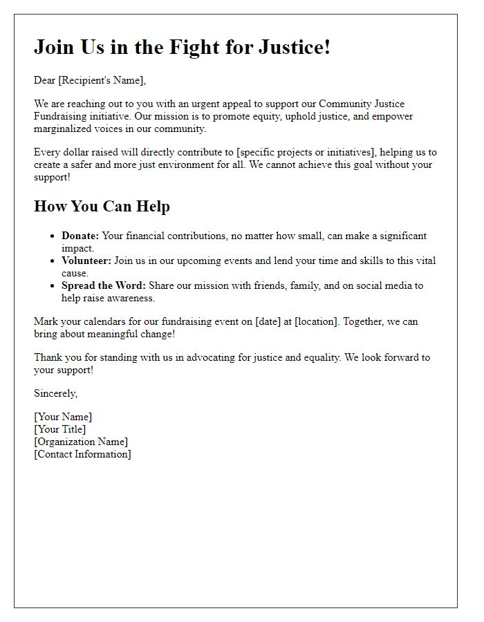 Letter template of call to action for community justice fundraising