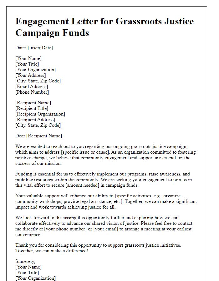 Letter template of engagement for grassroots justice campaign funds