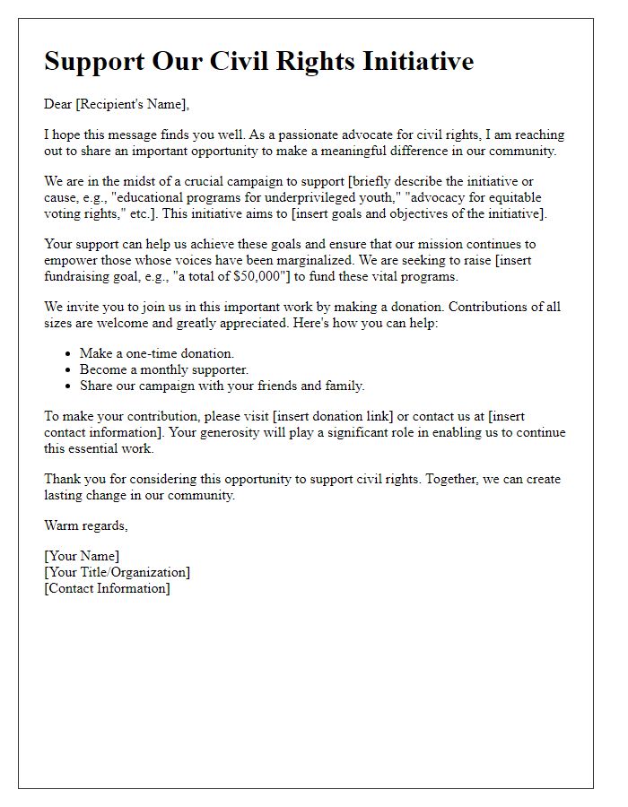 Letter template of outreach for civil rights fundraising support