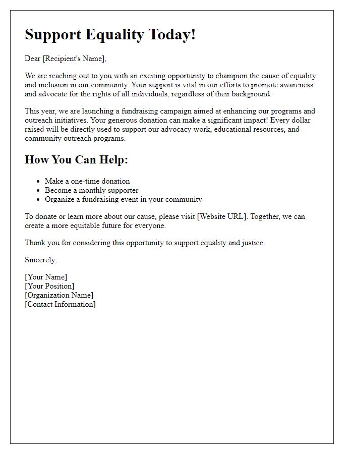 Letter template of promotion for equality advocacy donations