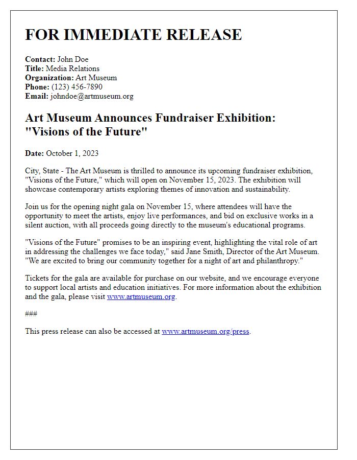 Letter template of press release for museum exhibition fundraiser