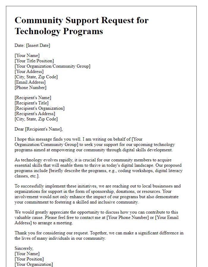 Letter template of community support request for tech programs