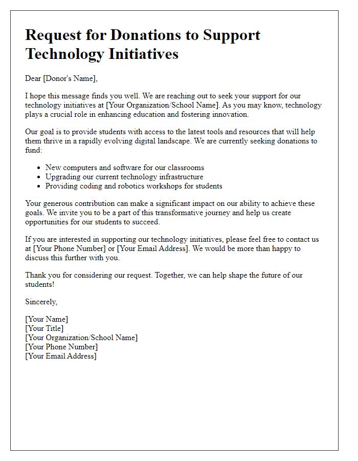 Letter template of request for donations to technology initiatives