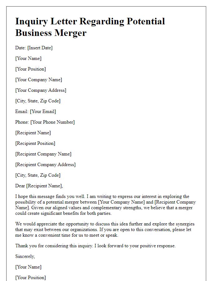 Letter template of inquiry regarding potential business merger