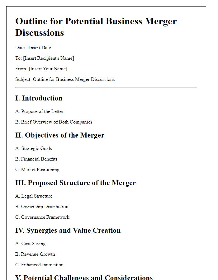 Letter template of outline for potential business merger discussions