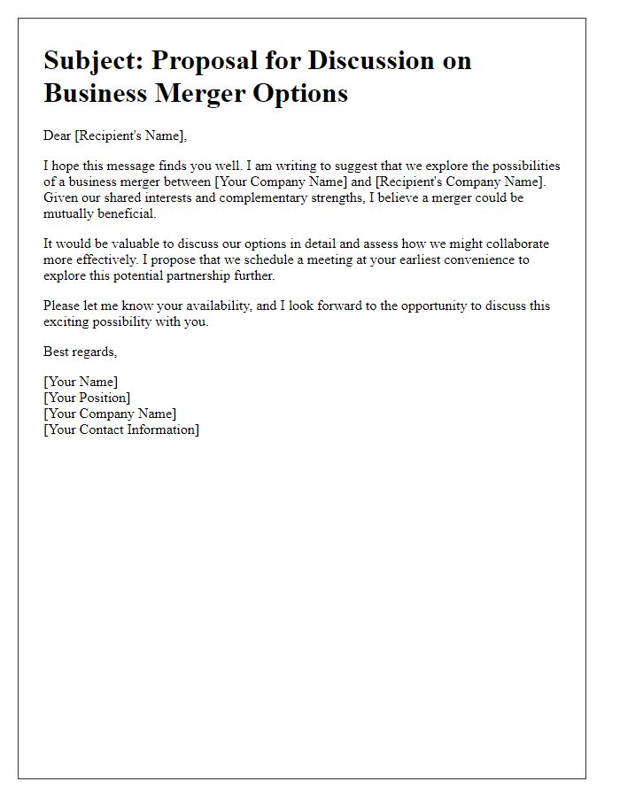 Letter template of suggestion to discuss business merger options