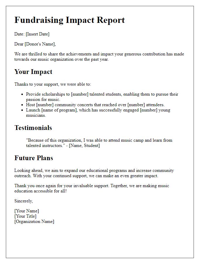 Letter template of fundraising impact report for music organization