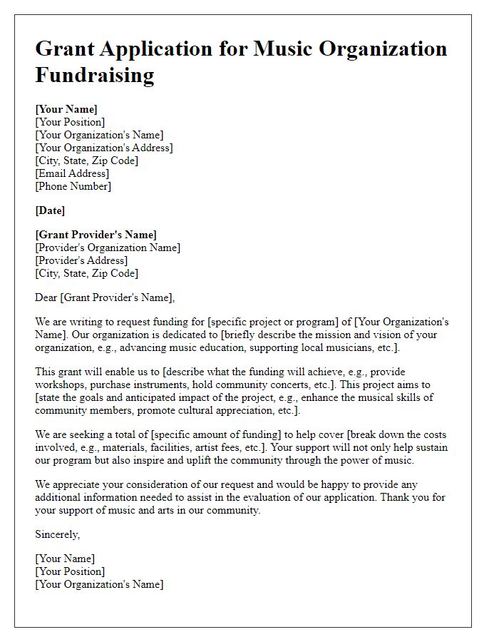 Letter template of grant application for music organization fundraising