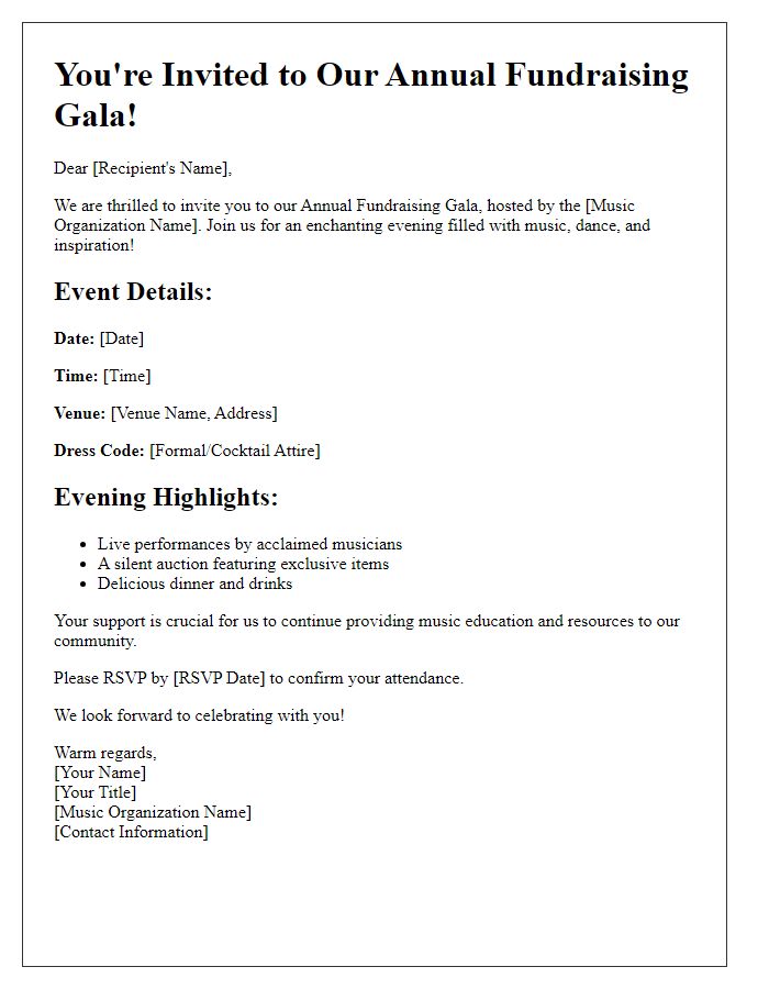 Letter template of invitation to music organization fundraising gala